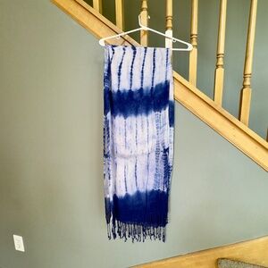 New w/Tags Ace Fashion Blue & White Tie Dye Scarf W/ Tassels L 65 in x  W 28 in